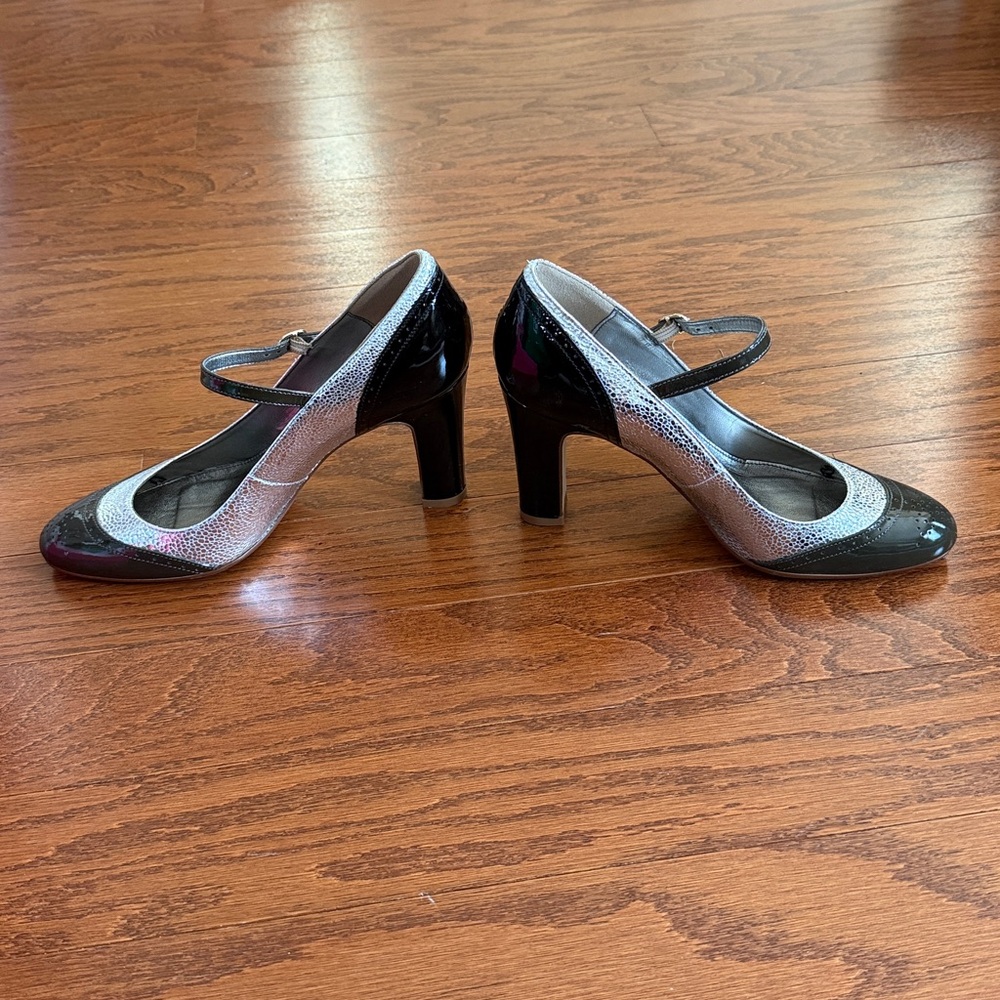 J. Crew Mary Jane Silver and patent leather high heels